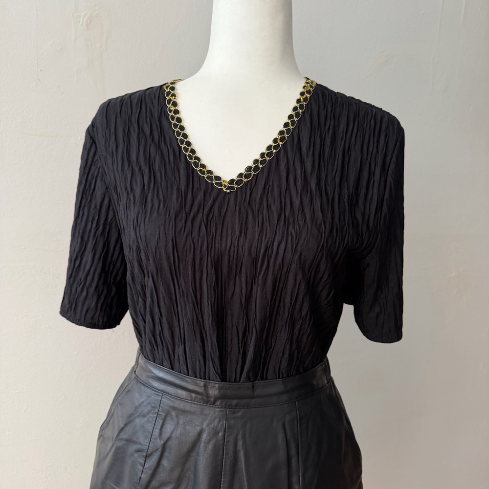 Vintage Jessica M Ruched Crinkle V Neck Blouse Gold Embellished Basic Top Goth